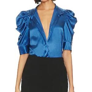 FRAME Gillian Silk Slate Blue Puff Sleeve Blouse Large